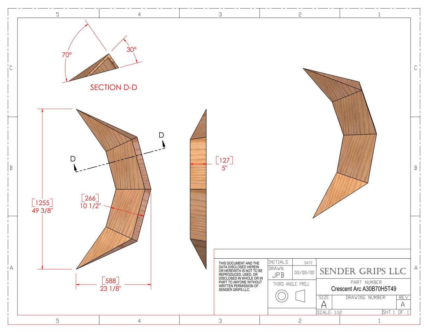 Crescent Arc Shallow Inside x Steep Outside (X-Large)  49" Long (1245mm) x 5"(127mm) Climbing Volume Plans