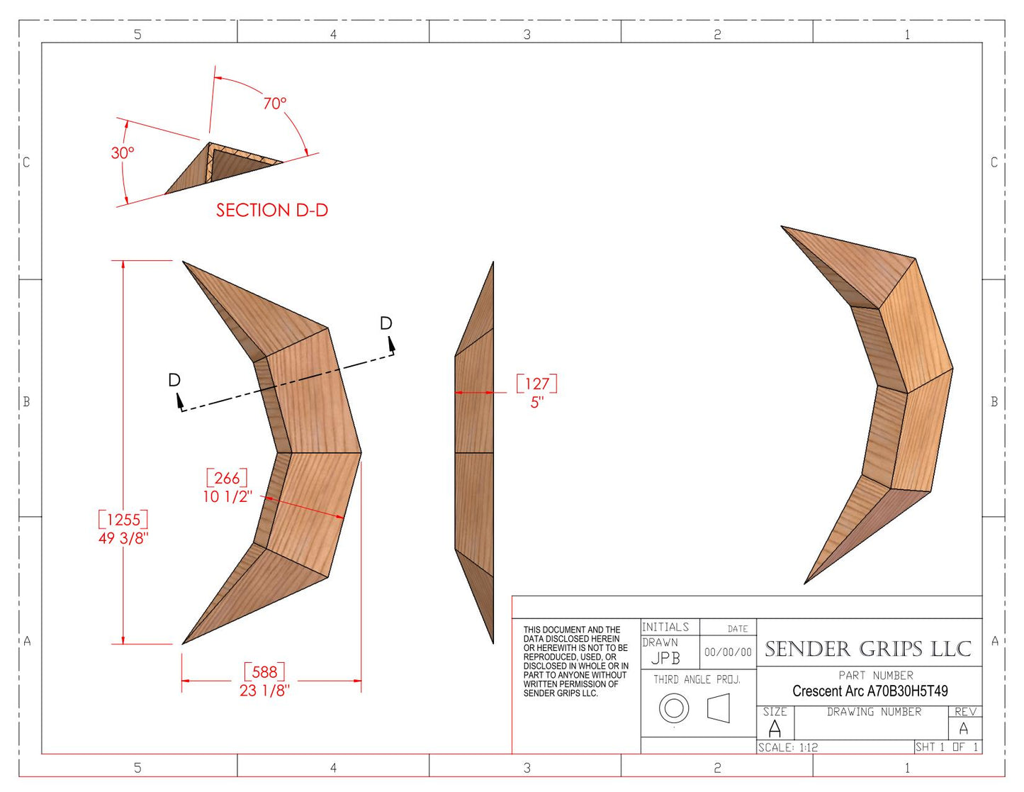 Crescent Arc Steep Inside x Shallow Outside (X-Large)  49" Long (1245mm) x 5"(127mm) Climbing Volume Plans