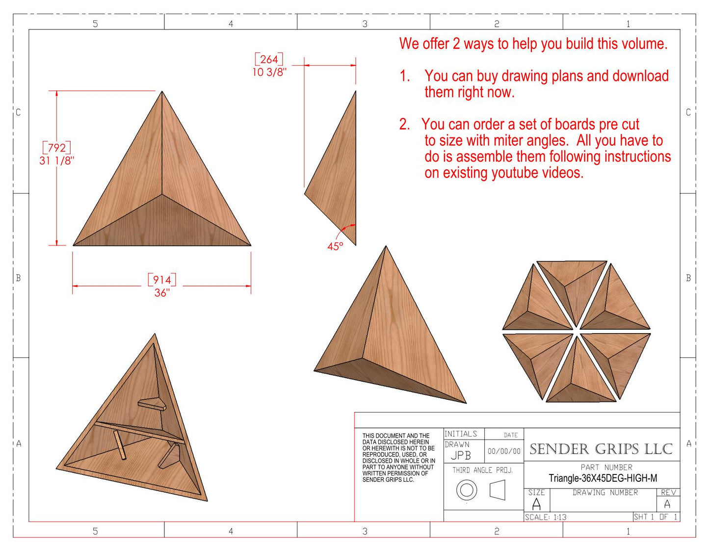 Triangular Pyramid Climbing Volume (Medium)  36"(914mm) side x 45 deg Tall Height Plans